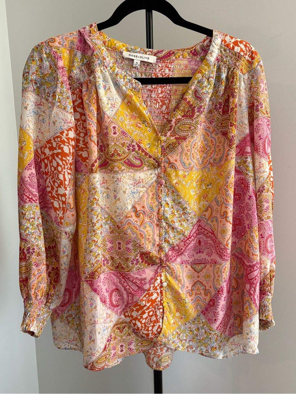 Rose & Olive Pink Yellow Orange Paisley Patchwork Blouse
